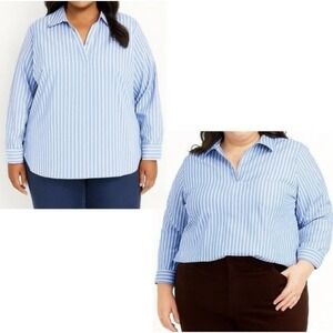 TALBOTS Striped Poplin Popover Size 1X Collared Pullover Preppy Relaxed
